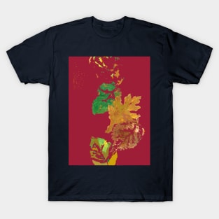 Four Autumn Leaves, dark red background T-Shirt